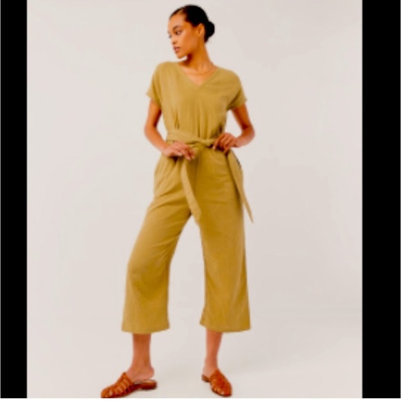 Pact Pants - PACT LARGE Coastal jumpsuit Green Yellow 100% Organic Cotton Waist tie Cropped